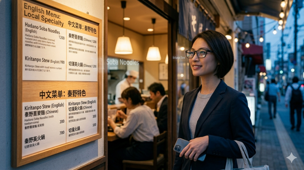 VIVE Eagleのリアルタイム翻訳機能を使いながらレストランのメニューを確認する様子のイメージ