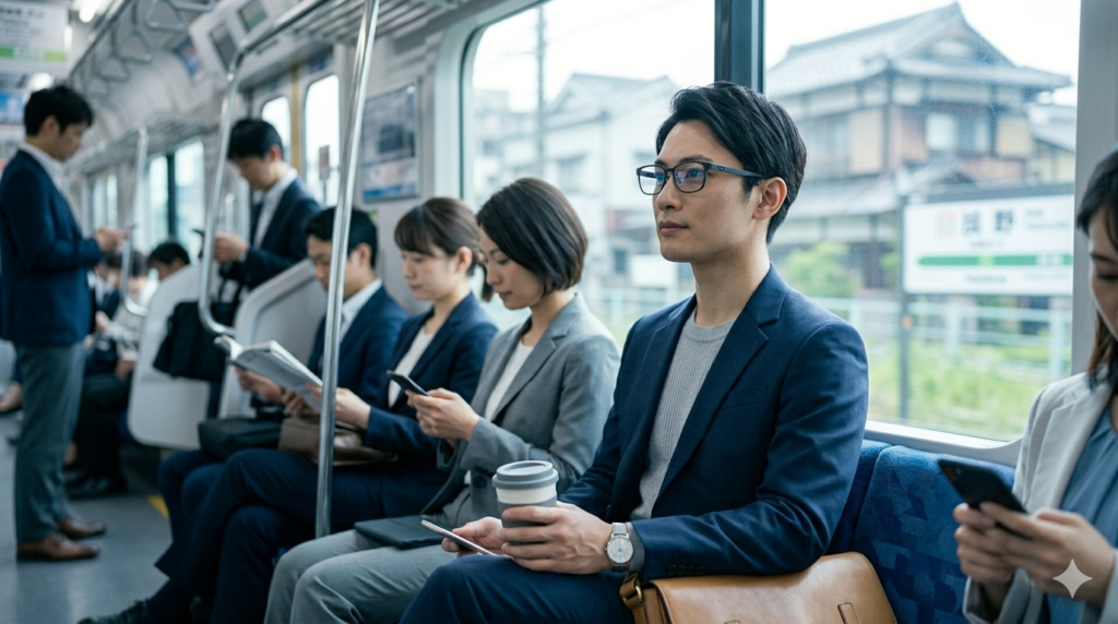 通勤電車内でVIVE Eagleを装着しハンズフリーで情報を確認するビジネスパーソンのイメージ