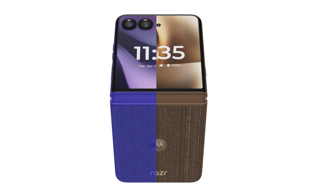 Razr 70 Ultra の2色展開：左がAlcantara素材のオリエントブルー、右がウッドベニア仕上げのコーコア