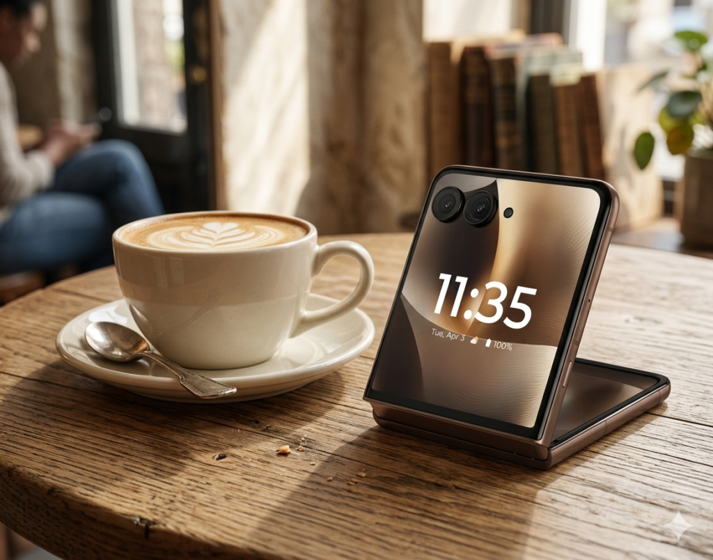  カフェのテーブルに置かれたRazr 70 Ultra（オリエントブルー）。折りたたんだ状態でコーヒーカップと並んでいる