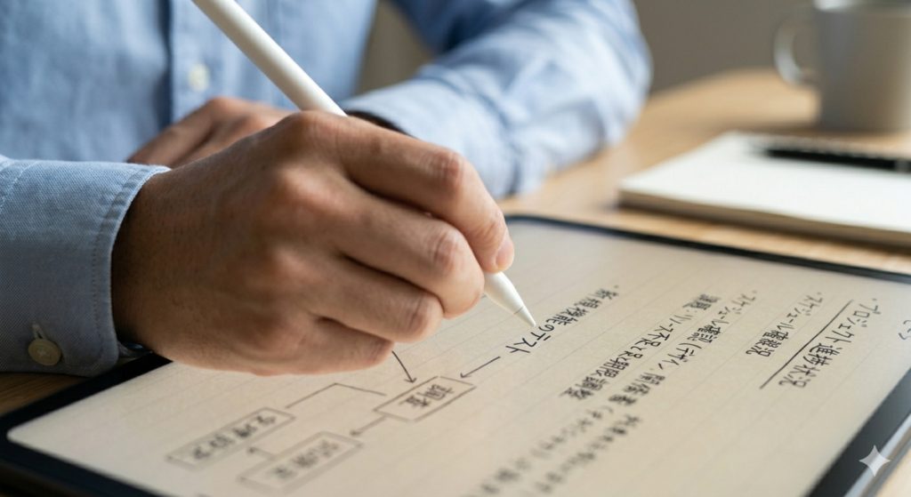T-Pen ProでTCL Note A1 NXTPAPERの画面に手書きメモを書き込んでいる手元のアップ