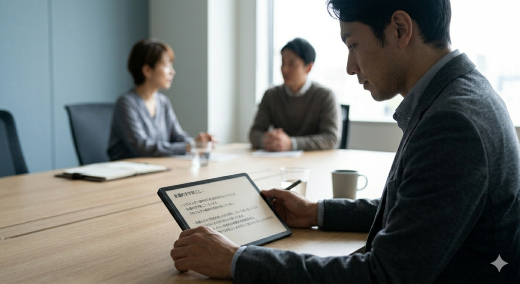 会議室でTCL Note A1 NXTPAPERを使って議事録・文字起こしを行うビジネスパーソンのシーン