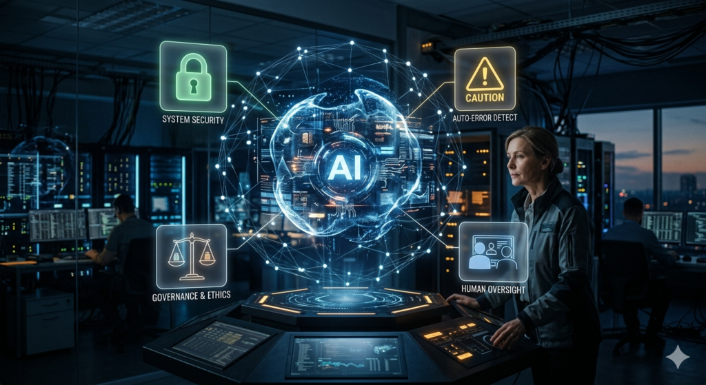 AIエージェントの自律稼働に伴うセキュリティ・精度・ガバナンスの課題を示す近未来のイメージ